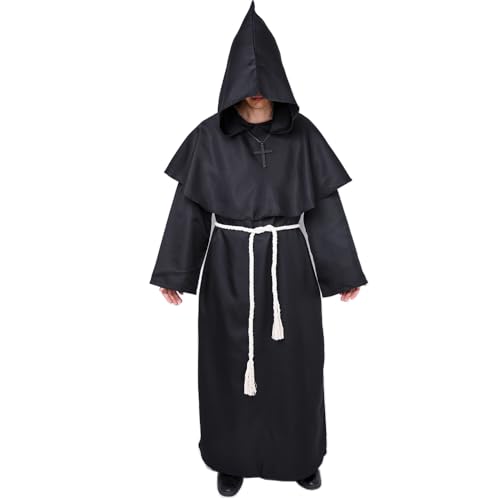 Myir JUN Mönch Robe Kostüm Mönch Priester Gewand Halloween Kostüm mit Kapuze Mittelalterliche Kapuze Herren Männer Mönchskutte (Schwarz, Medium) von Myir JUN