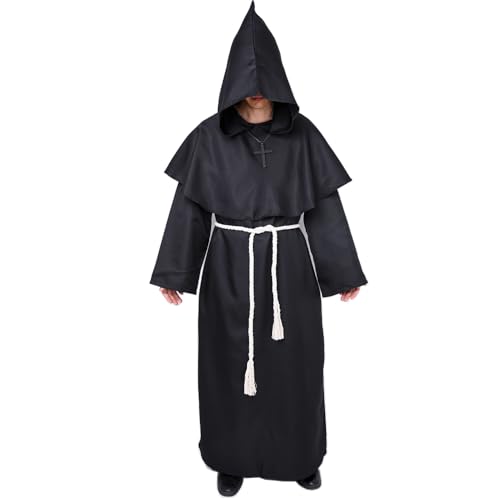 Myir JUN Mönch Robe Kostüm Mönch Priester Gewand Halloween Kostüm mit Kapuze Mittelalterliche Kapuze Herren Männer Mönchskutte (Schwarz, X-Large) von Myir JUN