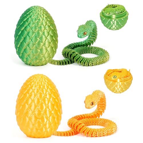 12'' 3D-gedruckte Schlange mit Ei - 3D-Schlangenfigur in Ostereiern Artikulierbare Schlange - Bürospielzeug für den Schreibtisch Fidget-Spielzeug - für Erwachsene und Kinder (Gold & Green) von Myqiqi