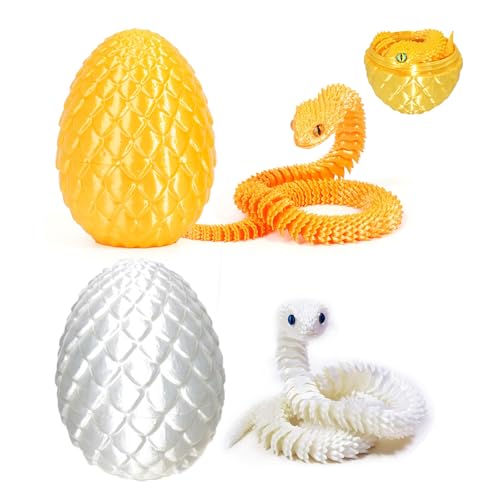 12'' 3D-gedruckte Schlange mit Ei - 3D-Schlangenfigur in Ostereiern Artikulierbare Schlange - Bürospielzeug für den Schreibtisch Fidget-Spielzeug - für Erwachsene und Kinder (White & Gold) von Myqiqi