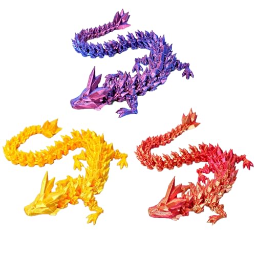3D gedruckte Drachen Set (12in, 3 Stücke) 3D gedruckte Tiere Drachen Flexible gelenkte Drachen Fidget Spielzeug für Autismus/ADHD und Home Desk Decor (lila, rot, Gold) von Myqiqi