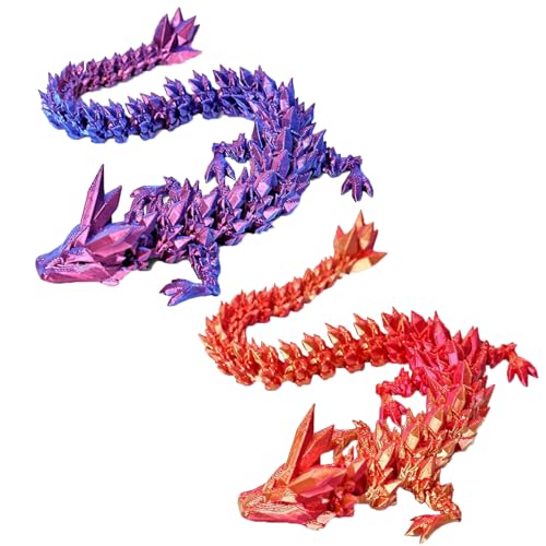 3D gedruckte Drachen Set (28CM, 2 Stück) Große Kristall Fidget Dragon, Flexible Gelenk Dragon Fidget Spielzeug für Autismus / ADHS und Home Desk Dekor (Lila, Rot-28CM) von Myqiqi