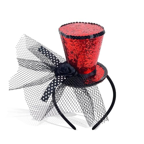 Mini Zylinderhut Stirnband mit Schleier, roter Zylinderhut Fascinator Zirkus Kostüm für Frauen Mädchen Festival Halloween Weihnachten Kopfbedeckung Karneval, Mottoparty, Abschlussball (Rot) von Myqiqi