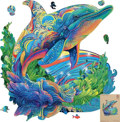 Mys Aurora Holzpuzzles, Delfin-Puzzle, 500-teiliges Puzzle, einzigartige Tierform, Holzpuzzles für Erwachsene und Kinder, bunte Puzzles, Geschenk für Familienspiel und Heimdekoration, 44,2 x 42,7 cm von Mys Aurora