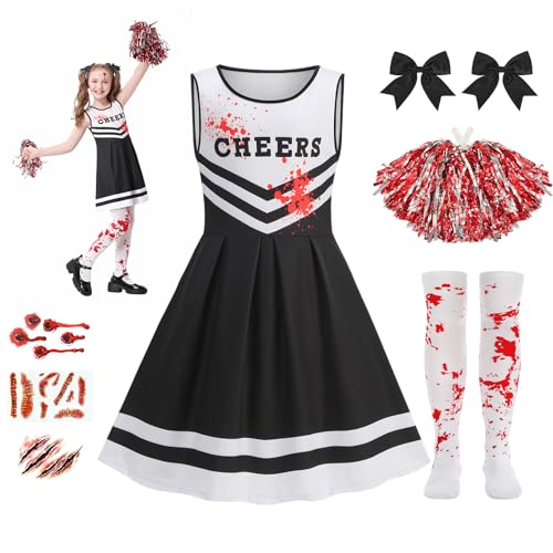 Halloween Kostüm Kinder, Zombie Cheerleader Kostüm, Monster High Faschingskostüme mit Strümpfen Pom Poms Tattoos, 9 Stücke Halloween Cheerleader Horror Braut Kostüm für 7-9 Jahre Teenager Mädchen von Mystery Code