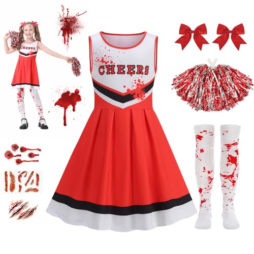 Halloween Kostüm Kinder, Zombie Cheerleader Kostüm, Monster High Faschingskostüme mit Strümpfen Pom Poms Tattoos, 9 Stücke Halloween Cheerleader Horror Braut Kostüm für 7-9 Jahre Teenager Mädchen,Rot von Mystery Code