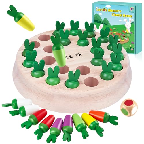 Mystooy Karotten Memory Spiel,Gedächtnis Schach Holz,Kinderspiele Lernspielzeug Montessori Spielzeug ab 3 4 5 Jahre,Familien Brettspiel Training Konzentration Geburtstagsgeschenke für Kinder von Mystooy