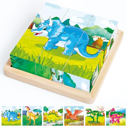 Würfelpuzzle Holzpuzzle Dino, Puzzle Holz für Kleinkinder von 2-4 Jahren, Montessori Spielzeug Bilderwürfel Holzspielzeug, Greifpuzzle Motorikspielzeug, Geschenk für 2 3 4 Jahren Jungen Mädchen von Mystooy