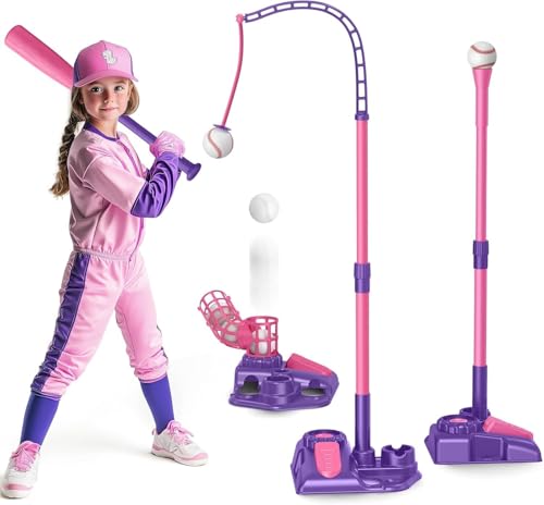 Rosa 3-in-1-Baseball-Tee-Ball-Set für Kinder, Pitching Machine/verstellbares Batting Tee/einziehbarer Baseballschläger, T-Ball-Ständeranzug für draußen, Sportspielzeug-Geschenke für Jungen Mädchen 3+ Rosa 3-in-1-Baseball-Tee-Ball-Set für Kinder, Pitching Machine/verstellbares Batting Tee/einziehbarer Baseballschläger, T-Ball-Ständeranzug für draußen, Sportspielzeug-Geschenke für Jungen Mädchen 3+ von Mytrix