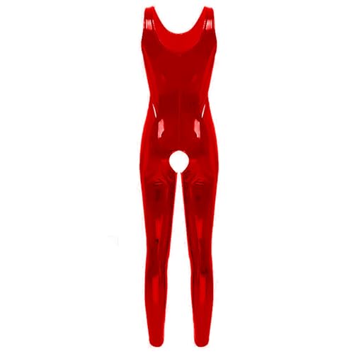 Damen Metallic Catsuit Bodysuit - Glänzender Einteiler Jumpsuit, PU-Leder ärmellos, Rot, 5X-Large von Myuilor