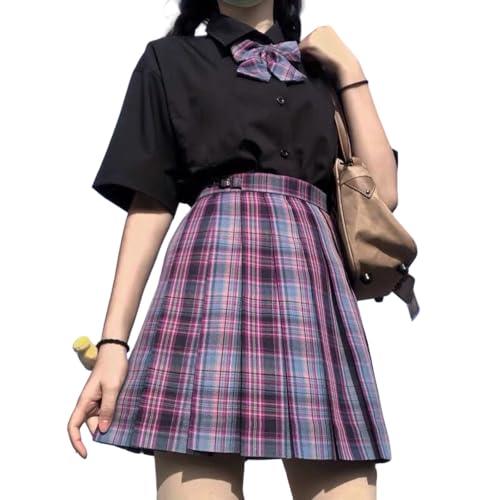 Myxon Schuluniform Mädchen Schüler Seifuku Bluse Faltenrock Krawatte Schuluniform Mädchen Grau Kostüm Kleider-lila Karierter Rock-3 Stücke Set-l von Myxon