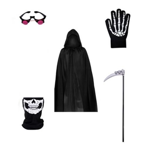 Mzshne Schwarzes Ghost Reaper-Kostüm Mit Reaper Scythe Skelett-Gesichtsmasken-Set für Halloween-Cosplay-Party von Mzshne