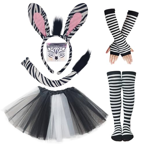 Mzztino Zebra-Kostüm-Set, Zebraohren, Stirnband, Schwanz, Tutu, Rock, gestreifte Kniestrümpfe, Tierkostüm für Halloween, Geburtstagsparty, schwarz, weiß, Small Mzztino Zebra-Kostüm-Set, Zebraohren, Stirnband, Schwanz, Tutu, Rock, gestreifte Kniestrümpfe, Tierkostüm für Halloween, Geburtstagsparty, schwarz, weiß, Small von Mzztino