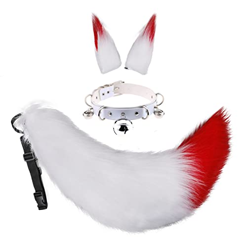 3 Stück/Set Fuchs Katze Wolf Ohren Schwanz Haarspangen Flauschige Cosplay Dress Up Hals Chocker Chocker Kits Halloween Zubehör (Weiß Rot) von N/A/A