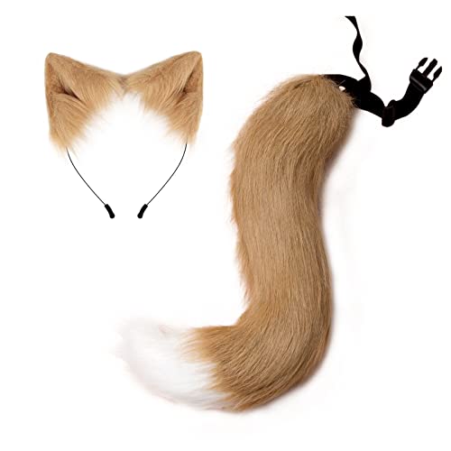 Furry Rabbit Fox tail Ear Haarband Kunstfell Wolf Clip Ohren Kit Werwolf Kostüm Halloween Cosplay (Kahki) von N/A/A