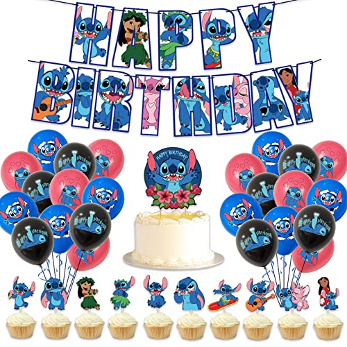 Lilo Stitch Partyzubehör Zhulia – Geburtstagsparty-Zubehör mit Geburtstagsbanner, Kuchenaufsatz, Cupcake-Topper, Luftballons, Kindergeburtstags-Party-Dekorationszubehör von N\A