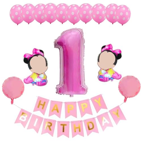 Mickey Mouse Geburtstagsdeko,Minnie Ballons Set,10 Minnie Latexballon+Minnie Folienballon 1 Geburtstag+Birthday Banner+4 Minnie Folienballon+Band,Folienballon für Minnie Mouse Themenparty.(Rosa) von N\\A