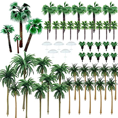 NA Woohome 44 Stück Modellbau Bäume Miniatur Palme Kunststoff, Mini Palme Kokosnuss Kunststoff mit 5 Stück Mini Regenschirm für DIY Landschaft Gartendeko, Modelllandschaft (Style 1) von Woohome