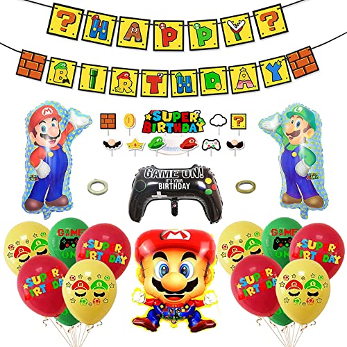 Super Mario Thema Geburtstag Deko,Mario Bros Luftballons,Mario Kuchen Topper,Mario Geburtstag Banner,Super Mario Geburtstagsfeier Dekorationsset,Super Mario Party Decoration für Mädchen Jungen von N\\A