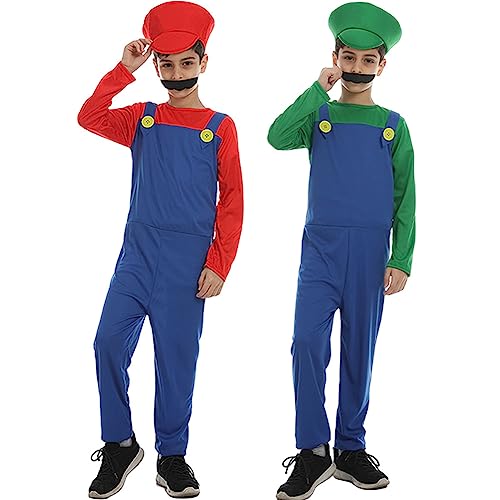 YIYUANIJI Super Brüder Cosplay Kostüm Outfit,Einteilig mit Hut und Bart,Geeignet für Karneval/Cosplay/Eltern-Kind-Verkleidung/Weihnachtsgeschenke von YIYUANIJI