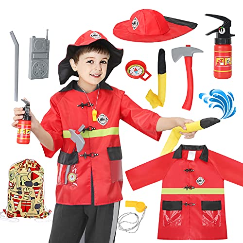 Veluoess Feuerwehrmann Kostüm für Kinder, Waschbares Feuerwehrmann Kostüm Set mit Aufbewahrungsbeutel Rollenspiel Feuerwehrmann Verkleidungsset für Kinder ab 3 Jahren von Veluoess