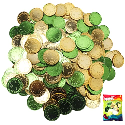 Sieman 240 Stücke St. Patrick's Day Clover Glücksmünzen Kunststoff Tischstreusel mit Kleeblättern Kordelzugbeutel für Partybedarf (240 Stücke/Grün + Gold) von N\C