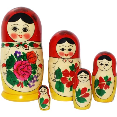 Matroschka Puppen russische Babuschka Matruschka Matrjoschka Original Klassisch 5 Steckpuppen 16cm aus Holz rotes Kopftuch von N_FROMM