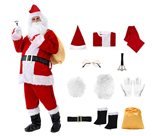 #NA 11 Stück Weihnachtsmann-Kostüm aus luxuriösem Samt, für Erwachsene, Kleidung, komplettes Kleidung, Rot, Weihnachten, Party, Kostüm (Rot, XL) von #NA