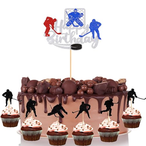 25 Stück Hockey Kuchenaufsatz, Hockeyspieler Kuchendekorationen, Schwarze Hockey Cupcake Topper Sport Themen Cupcake Topper Geburtstagskuchen Sticks Dekoration für Party, Geburtstagsdekorationen von NABIC