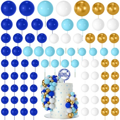 NACHLYNN 80 Stücke Tortendeko Kugeln Torte Kuchen Dekorieren Mini Ballon Cupcake DIY für Party Hochzeit Babyparty Geburtstag（Blau Weiß Gold Serie） von NACHLYNN