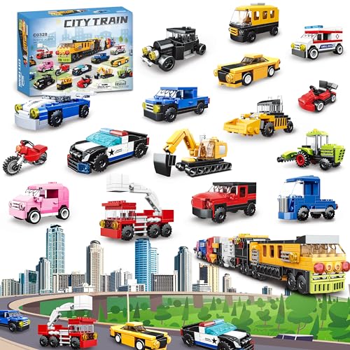 16 Pack Bauspielzeug Ctiy Auto für Jungen Kinder 3 4 5 6+, 2 in 1 710pcs kreative Baukästen Mini City Fahrzeuge umfassen Polizei Auto & Zug, Weihnachten Spielzeug Geschenke für Jungen Mädchen Kinder 16 Pack Bauspielzeug Ctiy Auto für Jungen Kinder 3 4 5 6+, 2 in 1 710pcs kreative Baukästen Mini City Fahrzeuge umfassen Polizei Auto & Zug, Weihnachten Spielzeug Geschenke für Jungen Mädchen Kinder von NAFONRU