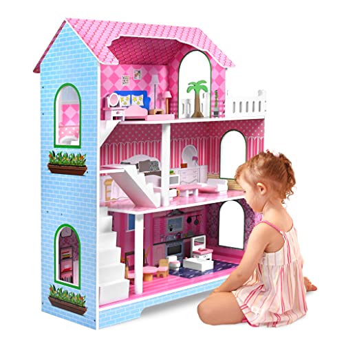 NAIZY Kinder Puppenhaus Holz Haus 100x70x30cm Puppenstube Set Rosa 3 Etagen Playmobil Dollhouse mit Möbeln & Zubehör Puppenvilla DIY Wohnmobil Haus Traumvilla, für Mädchen und Jungen (Typ B) von NAIZY