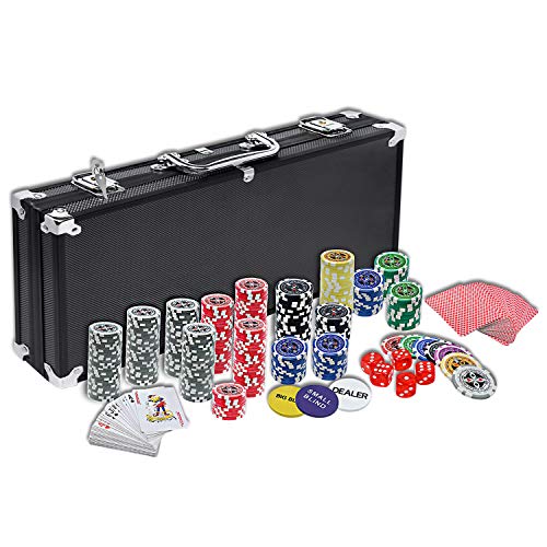 NAIZY Laser Pokerchips 500 Chips Pokerkoffer 12 Gramm Metallkern, inkl. 2X Pokerdecks, 5X Würfel, Dealer Button, Big Blind, Little Blind, Poker-Set mit Silber Aluminium Gehäuse - Schwarz von NAIZY
