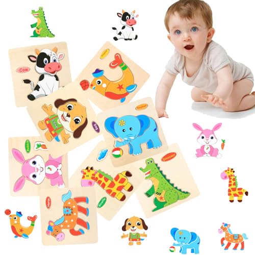 8 Stück Holzspielzeug Puzzle Stecken, Tiere, Verdickt, Cartoons, Erkenne Wörter und Tiere, Lernspielzeug für Kleinkinder, Kreativität der Kinder, Pädagogisches Lernspielzeug Baby von NAMIC