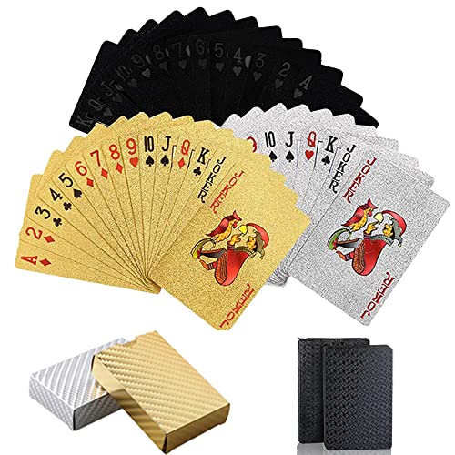 Premium Spielkarten, 3 Stück Wasserfeste Spielkarten, Spielkarten, Pokerkarten, Kunststoff Spielkarten für Texas Poker Set, Familienparty Spiel Playing Cards, Goldfolie/Schwarzefolie/Silberfolie von NAMIC