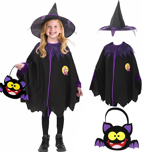 Halloween Umhang Kinder,Hexenkostüm Mädchen mit DIY Halloween Tüten,Halloween Kostüm Kinders Mädchen, Lila-Schwarz Hexenumhang Kinder mit Hexenhut für Fasching Karneval Party 3-10 Jahre 95-110cm von NAMIS
