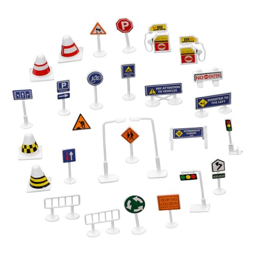 NAMOARLY 28 Stück Kinder Verkehrsschilder Verkehrszeichen Straßenschild Spielzeug Mini Ampel Ampellampe Mini Verkehrskegel Mini Straßenkegel Mini Kognitionsspielzeug Straßenschild von NAMOARLY
