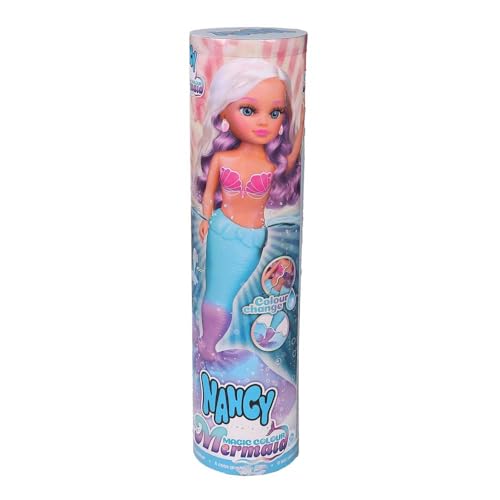 NANCY Magic Colour Mermaid, 100% Meerjungfrau, Schwanz und Bikini ändern die Farbe mit Wasser, Blonde Mähne mit lila Strähnen und Muschel-Ohrringen, ab 3 Jahren, Famosa (NAC86000) von NANCY