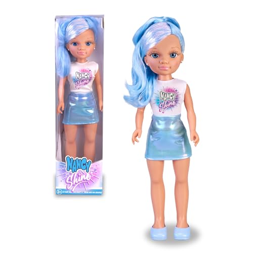 Nancy Shine – Blaue Puppe mit Langen Haaren mit metallischen Strähnen in Blau, Metallic-Kleid und weißem Oberteil und passenden blauen Schuhen, 3 Jahre, Famosa (NAC70110) von NANCY