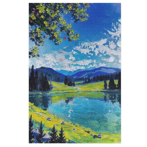 1000 Stück Landschaft Hügel See Ölgemälde Szenen Puzzles, Berg Jigsaw Puzzles für Erwachsene 1000 Teile und höher, Landschaft Puzzle Geschenke für Erwachsene und Familien, Grüne Illustration von NANVIER