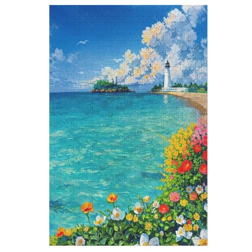 1000 Stück Landschaft Ozean Leuchtturm Sommer Strand Puzzles Sommer Puzzle für Erwachsene 1000 Teile und mehr, Landschaftspuzzle-Geschenke für Erwachsene und Familien, bunte Illustration von NANVIER