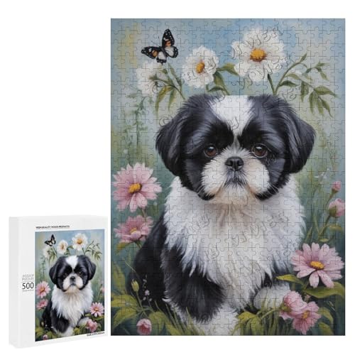 Schwarz-weißes Shih Tzu mit Blumen-Ölgemälde, 500-teiliges Puzzle – eine lustige Herausforderung für Erwachsene, die Hunde lieben, Holz Schwarz-weißes Shih Tzu mit Blumen-Ölgemälde, 500-teiliges Puzzle – eine lustige Herausforderung für Erwachsene, die Hunde lieben, Holz von NANVIER