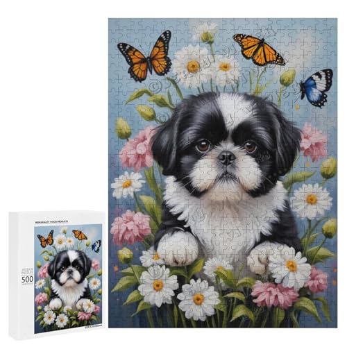 Schwarz-weißes Shih Tzu mit Blumen-Ölgemälde, 500-teiliges Puzzle für Erwachsene, ansprechendes Puzzle mit geliebter Hunderasse, Holz, personalisierbar Schwarz-weißes Shih Tzu mit Blumen-Ölgemälde, 500-teiliges Puzzle für Erwachsene, ansprechendes Puzzle mit geliebter Hunderasse, Holz, personalisierbar von NANVIER