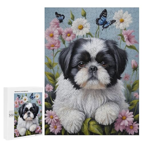 Schwarz-weißes Shih Tzu mit Blumen-Ölgemälde-Puzzle mit 500 Teilen – ein ansprechendes Puzzle-Erlebnis für diejenigen, die Dackel lieben, Holz Schwarz-weißes Shih Tzu mit Blumen-Ölgemälde-Puzzle mit 500 Teilen – ein ansprechendes Puzzle-Erlebnis für diejenigen, die Dackel lieben, Holz von NANVIER