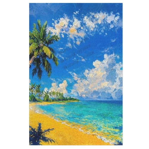 Strandpuzzle 1000 Teile Puzzles für Erwachsene - Landschaft Sommer Palme Schöne Strandszenen Ölgemälde Holzpuzzle für Familienaktivitäten Spiele, Geschenk für Erwachsene, Familie oder Kinder von NANVIER