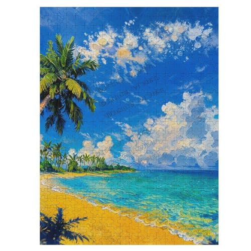 Strandpuzzle 500 Teile Puzzles für Erwachsene - Landschaft Sommer Palme Schöne Strandszenen Ölgemälde Holzpuzzle für Familienaktivitäten Spiele Geschenk für Erwachsene, Familie oder Kinder von NANVIER