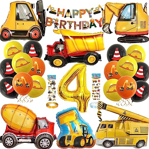 NAOLIU Bagger Geburtstag Deko, Bagger Kindergeburtstag Deko 4 Jahre, Bagger Luftballons mit Happy Birthday Banner, Baustelle Geburtstag Deko, Bagger Deko Kindergeburtstag, Exquisite 3D Aufkleber von NAOLIU