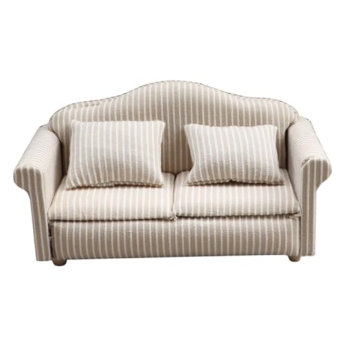 Dollhouse Couch 1/12 Miniatur Beige Stripe Dollhouse Stuhl mit dekorativem Wurfkissen Multifunktionale Möbel für Wohnzimmer oder Schlafzimmer, Doppel Couch Dollhouse Couch 1/12 Miniatur Beige Stripe Dollhouse Stuhl mit dekorativem Wurfkissen Multifunktionale Möbel für Wohnzimmer oder Schlafzimmer, Doppel Couch von NASSMOSSE