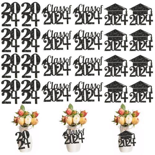 NASSMOSSE 2024 Abschlussfeierdekorationen für Vase 24PCS/Set Black Graduation Cap Dekorationen Glitzerpapierklasse 2024 von NASSMOSSE