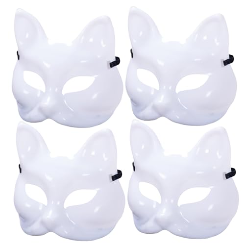 NASSMOSSE 4 PCs Katzenmaske DIY Blankin lackierbar Halloween Fox Maske Halbgesicht unvollendete weiße Therian -Maske mit elastischer Band für Cosplay -Masquerade Party von NASSMOSSE